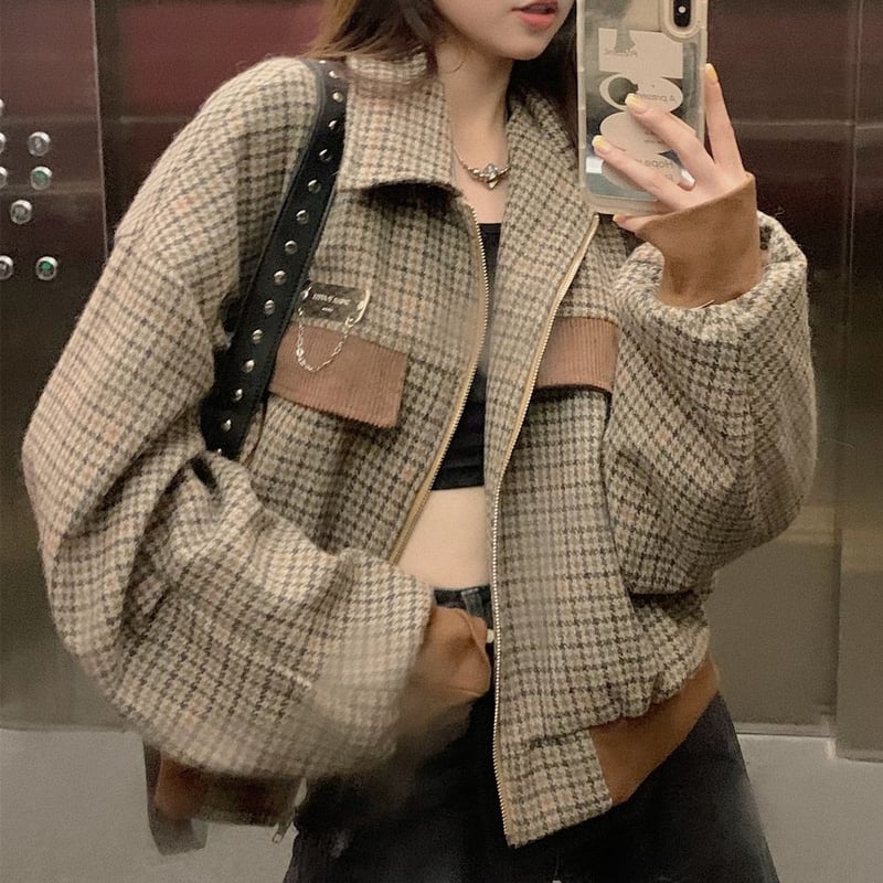 チェック柄 ブルゾン チェーン オーバーサイズ ジップアップ ゆったり