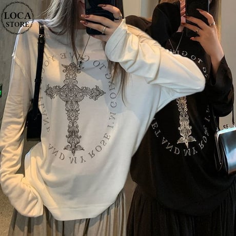 ロンT クロスプリント オーバーサイズ クルーネック ドロップショルダー tシャツ トップス カットソー ゆったり 長袖 レトロ 大人可愛い ガーリー カジュアル DTCA-828179763981