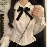 リボンタイ ブラウス パール ショート丈 ビジュー パフスリーブ レース フリル タックデザイン シンプル トップス 長袖 レトロ 大人可愛い ガーリー DTCA-760271031118