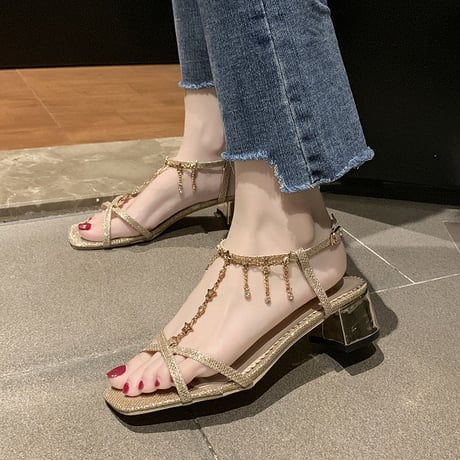 サンダル ラインストーン クロスストラップ 5cm チャンキーヒール スクエアトゥ 韓国ファッション レディース アンクルストラップ パンプス 597321753157