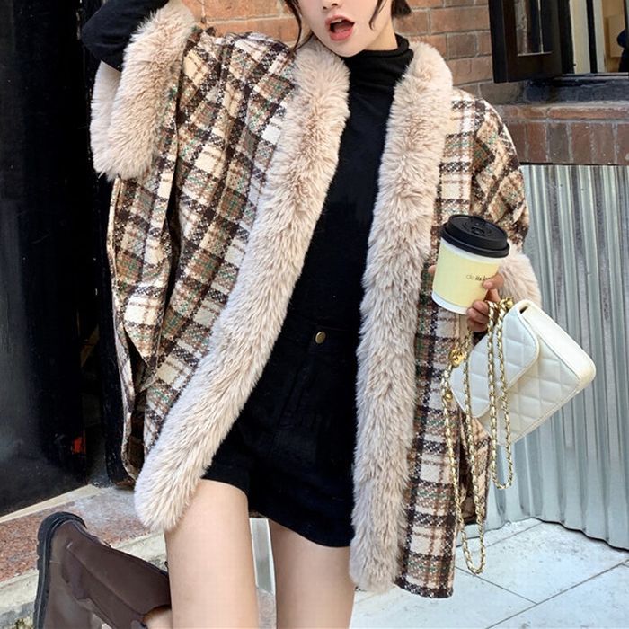 チェック柄 ファーケープコート ポンチョ ラビットファー もこもこ