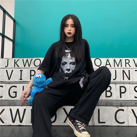 ユニセックス Tシャツ 半袖 メンズ レディース ラウンドネック ダークブラック プリント オーバーサイズ 大きいサイズ ルーズ ストリート TBN-591840040448