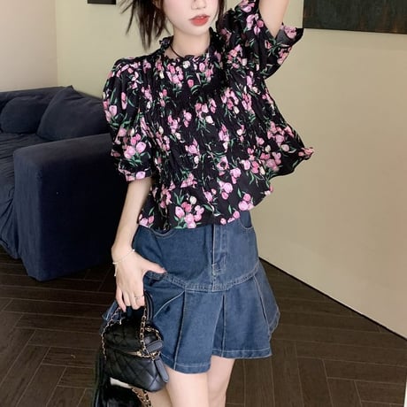 花柄 ブラウス パフスリーブ プリーツ フロントボタン ランタンスリーブ レトロ 韓国ファッション レディース 大人可愛い ガーリー DTC-711648740557