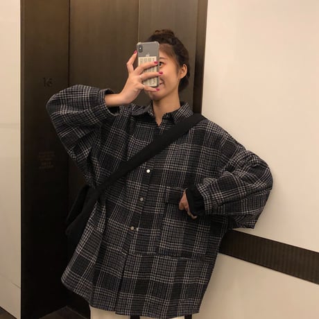 チェック柄 シャツ ルーズ レディース アウター オーバーサイズ シンプル 長袖 大人カジュアル 春 秋 韓国 韓国ファッション (DTC-603916094881)