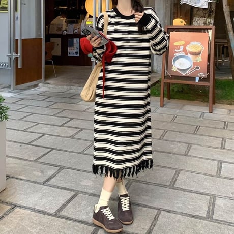 フリンジヘム ボーダー柄 ワンピース 裾フリンジ マルチボーダー ルーズ ロングワンピース 長袖 レトロ 韓国ファッション レディース 大人可愛い ガーリー DTC-745108598997