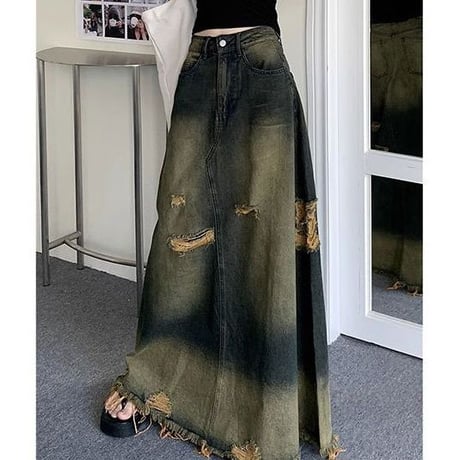 デニムスカート ヴィンテージ風 ダメージ加工 フリンジ 切りっぱな裾 Aライン ハイウエスト デニム ロングスカート レトロ 大人可愛い ガーリー カジュアル DTCA-738580370386