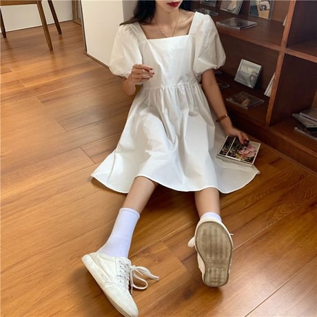【5カラー】 ワンピース スクエアネック 帽子付き ハット付き パフスリーブ ゆったりウエスト 半袖 Aライン 韓国ファッション レディース 大人可愛い ガーリー DTC-617038004292