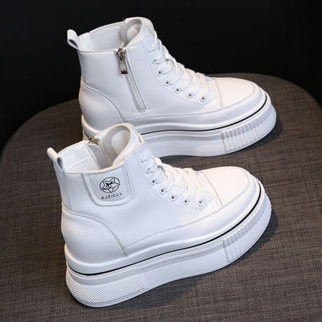 厚底 ハイカットスニーカー 22.0～25.0cm インソール サイドジッパー ファスナー ショートブーツ シューレース カジュアル 韓国ファッション レディース DTC-682592669522