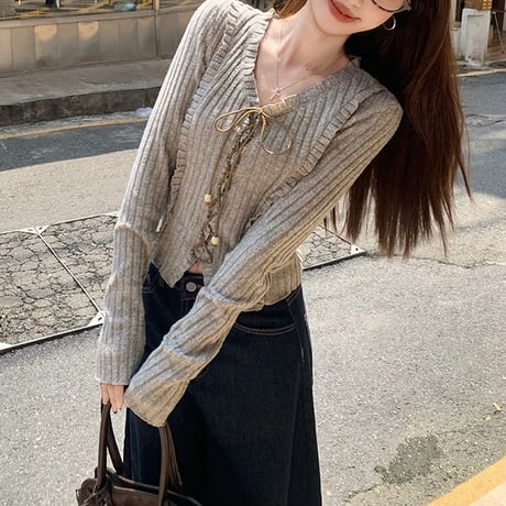 ニット トップス レースアップ Vネック スリムフィット 長袖 レトロ 韓国ファッション レディース 大人可愛い ガーリー DTCA-849831573602