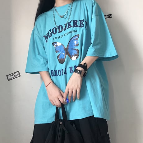 【2カラー】 Tシャツ バタフライ柄 半袖Tシャツ 半袖 オーバーサイズ レトロ 韓国ファッション レディース 大人可愛い ガーリー カジュアル ストリート系 DTC-619205596025
