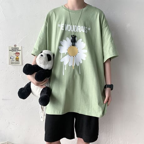 Tシャツ 半袖 メンズ レディース ユニセックス ラウンドネック 英字 フラワー デイジー プリント オーバーサイズ 大きいサイズ ルーズ ストリート TBN-612389429637
