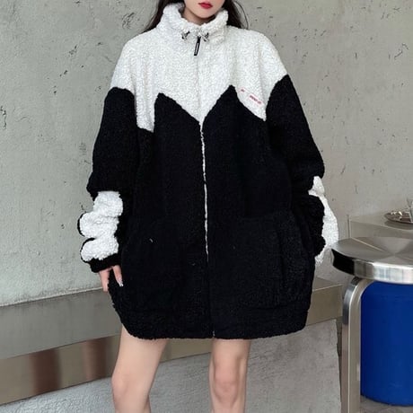 ユニセックス ボアジャケット ボアブルゾン バイカラー ジップアップ オーバーサイズ ラムウール 韓国ファッション メンズ レディース カジュアル ストリート系 DTC-657833299511