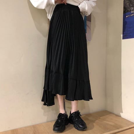 不規則デザイン プリーツスカート ミディアム丈 アシンメトリー 韓国ファッション レディース Aラインスカート アシメ ハイウエスト 大人可愛い ガーリー DTC-604528143206