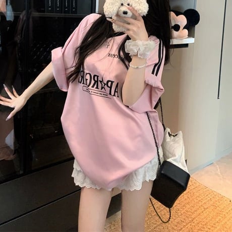 Tシャツ ユニフォーム風 サイドライン Vネック トップス 半袖 オーバーサイズ レトロ 韓国ファッション レディース 大人可愛い ガーリー スポーツミックス DTC-812444710826