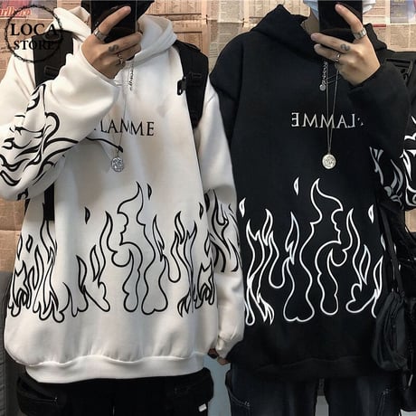 プルオーバー パーカー ユニセックス プラスベルベット 韓国ファッション メンズ レディース ファイヤーパターン プリント オーバーサイズ ストリート カジュアル DTC-605915772267