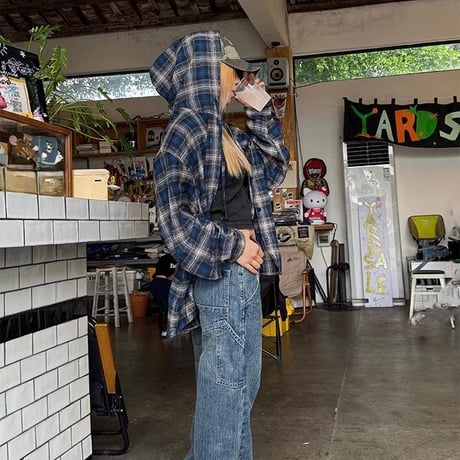 フード付き チェックシャツ ヴィンテージ風 チェック柄 フーディー ゆったり ルーズ 長袖 レトロ 大人可愛い ガーリー カジュアル ストリート女子 DTCA-866479583918
