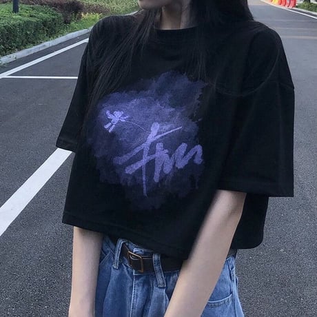 Tシャツ クロップド丈 半袖 グラフィックプリント トップス ショート丈 クルーネック レトロ 韓国ファッション レディース 大人可愛い ガーリー カジュアル DTC-647653058151