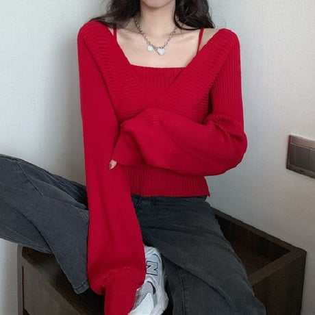 リブニット フェイクレイヤード ルーズ 長袖 セーター 韓国ファッション レディース ニット ゆったり 大人可愛い ガーリー DTC-653558986383