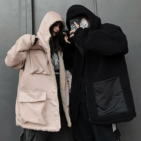 リバーシブル フード付き ボアブルゾン ユニセックス ラムウール 厚手 韓国ファッション ボアジャケット パーカー 2way もこもこ 防寒 カジュアル ストリート DTC-628591128418