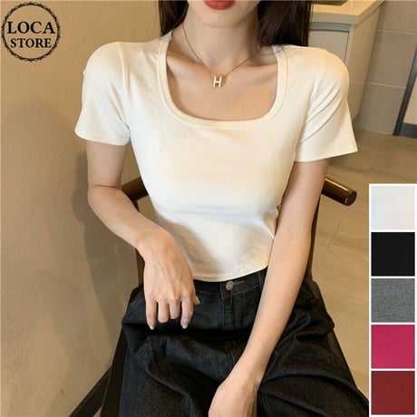 【5カラー】 Tシャツ スクエアネック ショート丈 トップス 無地 半袖 レトロ 韓国ファッション レディース 大人可愛い ガーリー DTC-711502261861