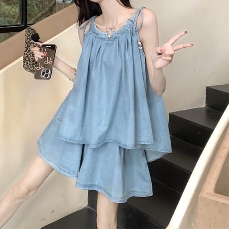 セットアップ 2点セット デニム ギャザー キャミソール トップス ショートパンツ ウエストゴム レトロ 韓国ファッション レディース 大人可愛い ガーリー DTC-801435157676