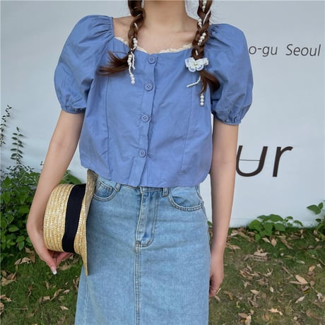 ブラウス クロップド丈 スクエアネック パフ袖 半袖 薄手 韓国ファッション レディース トップス ショート丈 大人可愛い ガーリーDTC-646896794249)