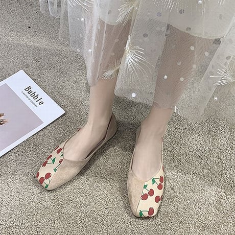 パンプス フルーツ柄 フラットシューズ ぺたんこ 韓国ファッション レディース シンプル フラットパンプス シューズ いちご柄 パイナップル柄 チェリー柄 かわいい 610995457990