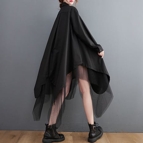 ロングシャツ シャツワンピース チュール シャツ ワンピース アシンメトリー ルーズ 長袖 レトロ 韓国ファッション レディース 大人可愛い ガーリー DTC-653970172988