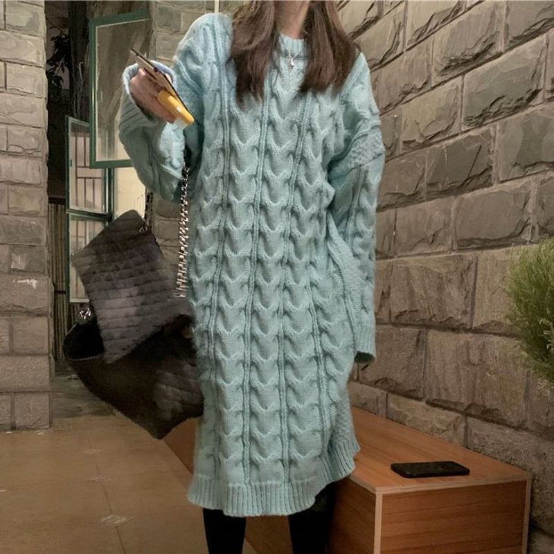 美品✨️Dw2R ローゲージニットワンピース 長袖 ケーブル編み ダークグレー