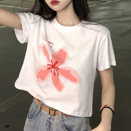 クロップド丈 Tシャツ 半袖 フラワープリント ショート丈 へそ出し 半袖Tシャツ レトロ 韓国ファッション レディース 大人可愛い ガーリー カジュアル DTC-675573313513