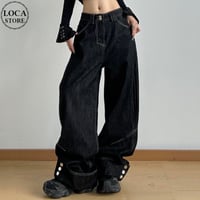 デニムパンツ 裾ボタン ボトムス ジーンズ ハイウエスト デニム ワイドパンツ ルーズ パンツ ズボン レトロ 大人可愛い ガーリー カジュアル DTCA-838887191413