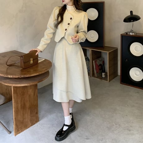 セットアップ ウール ショートジャケット スカート ロングスカート ハイウエスト 2点セット 長袖 レトロ 韓国ファッション レディース 大人可愛い ガーリー DTC-661846018869