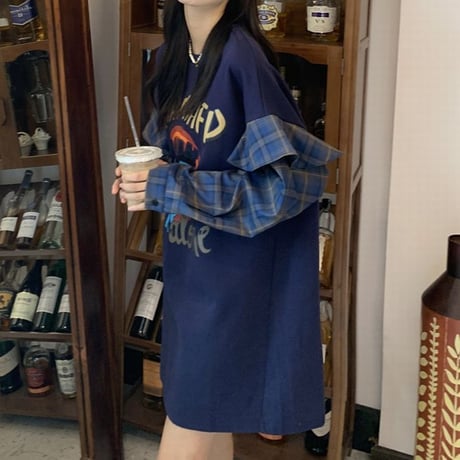 重ね着風 トップス フェイクレイヤード Tシャツ 切替 チェック柄 長袖 韓国ファッション レディース 大人可愛い ガーリー カジュアル ストリートファッション DTC-682533529922