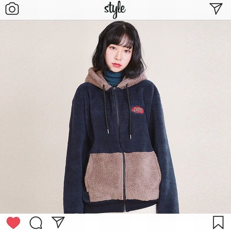 ユニセックス フード ボアブルゾン バイカラー 韓国 ファッション メンズ レディース ストリート ボアジャケット ボア もこもこ 秋 冬 オーバーサイズ (DTC-607102746491)