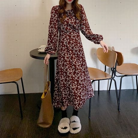 小花柄 ワンピース パフスリーブ ロング丈 ハイウエスト 長袖 クルーネック 薄手 韓国ファッション レディース 大人可愛い ガーリー フェミニン レトロDTC-655695330315
