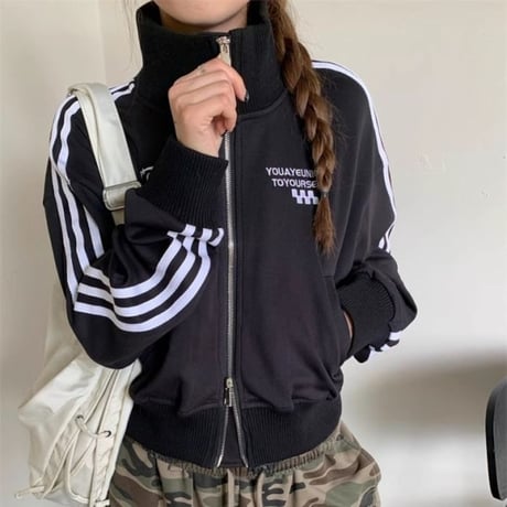 トラックジャケット ロゴ サイドライン ショート丈 ダブルジップ ジャージ ルーズ 長袖 レトロ 韓国ファッション レディース 大人可愛い ガーリー カジュアル DTCA-823012520445