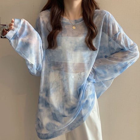 タイダイ柄 tシャツ シアートップス 薄手 クルーネック シアーtシャツ トップス オーバーサイズ ゆったり ルーズ 長袖 レトロ 大人可愛い ガーリー DTCA-745927970542