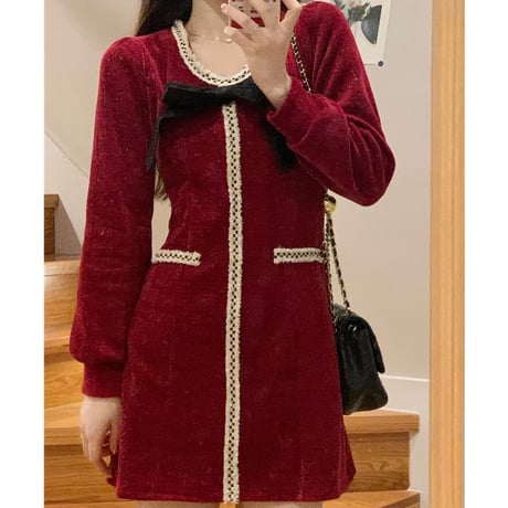 ワンピース リボン ハイウエスト 長袖 Aライン レトロ 韓国ファッション レディース 大人可愛い ガーリー フェミニン DTC-664245685395