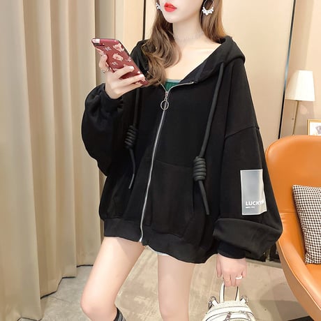 パーカー ジップアップ オーバーサイズ ボリューム袖 韓国ファッション レディース ストリート系 ランタンスリーブ ルーズ トップス フード付き DTC-625768715549