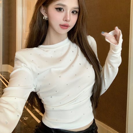 Tシャツ ビジュー カットソー ロンT ラインストーン ショート丈 肩パッド スリムフィット トップス プルオーバー 長袖 レトロ 大人可愛い ガーリー カジュアル DTCA-829997345270