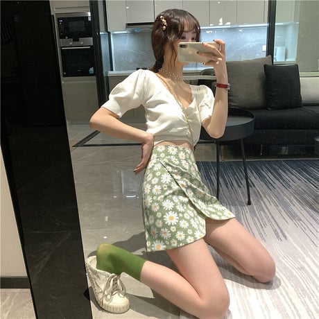 花柄 スカート アシンメトリー ショート丈 グリーン 韓国ファッション レディース ミニスカート シフォン Aライン ハイウエスト レトロ ガーリー 616121572098