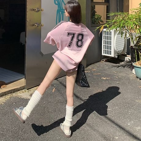 Tシャツ ユニフォーム風 サイドライン Vネック トップス 半袖 オーバーサイズ レトロ 韓国ファッション レディース 大人可愛い ガーリー スポーツミックス DTC-812444710826