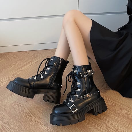 厚底 ショートブーツ 22.5～25.0cm 厚底ブーツ レースアップ 安全ピン スタッズ ベルト プラットフォーム サイドジップ パンク風 ゴシック風 DTCA-816654857736