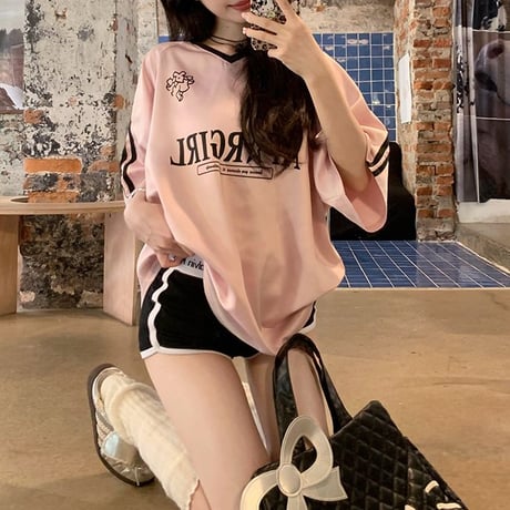 Tシャツ ユニフォーム風 サイドライン Vネック トップス 半袖 オーバーサイズ レトロ 韓国ファッション レディース 大人可愛い ガーリー スポーツミックス DTC-812444710826