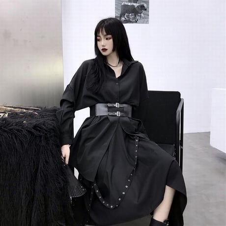 セットアップ ベルト付き ロングシャツ 長袖 アシンメトリー スカート ウエストゴム アシメ ロング丈 暗黒系 DTC-601163570113