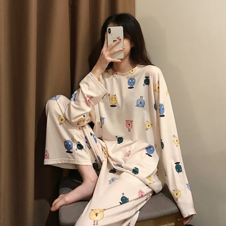 【ルームウェア】 パジャマ セットアップ トップス + パンツ プリント ラウンドネック 上下セット 長袖 韓国ファッション レディース 625829795764