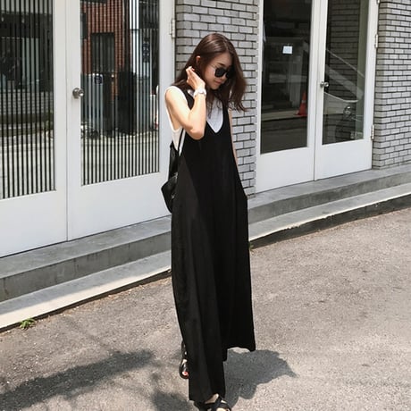 レディース サロペット オールインワン ワイドパンツ ノースリーブ ワイドパンツ 韓国ファッション (DCT-565140315743)