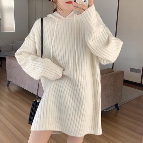 【パーカー】 フード ニット プルオーバー ルーズ 厚手 韓国ファッション レディース トップス パーカーワンピース 無地 長袖 カジュアル ストリート DTC-630591680139