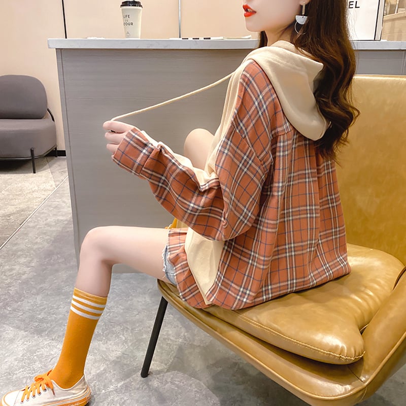 チェック柄 切り替えパーカー プルオーバー ドッキングトップス チェック柄 切り替えパーカー プルオーバー ドッキングトップス