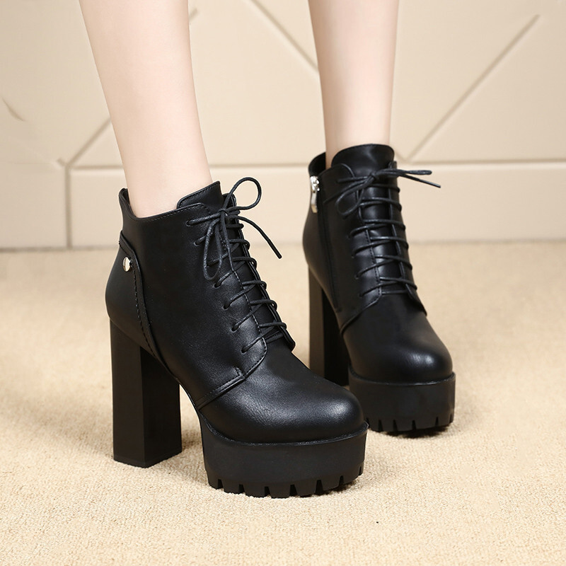 ショートブーツ 厚底 12cm ヒール シューレース サイドジップ 太ヒール